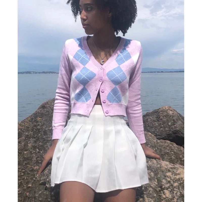 Cute Pink Geometrical Chic Vintage Knit Cardigan Sweater Top Shirt Winter Autumn E-Girl Kawaii Korean Japanese Harajuku Chinese Retro Streetwear