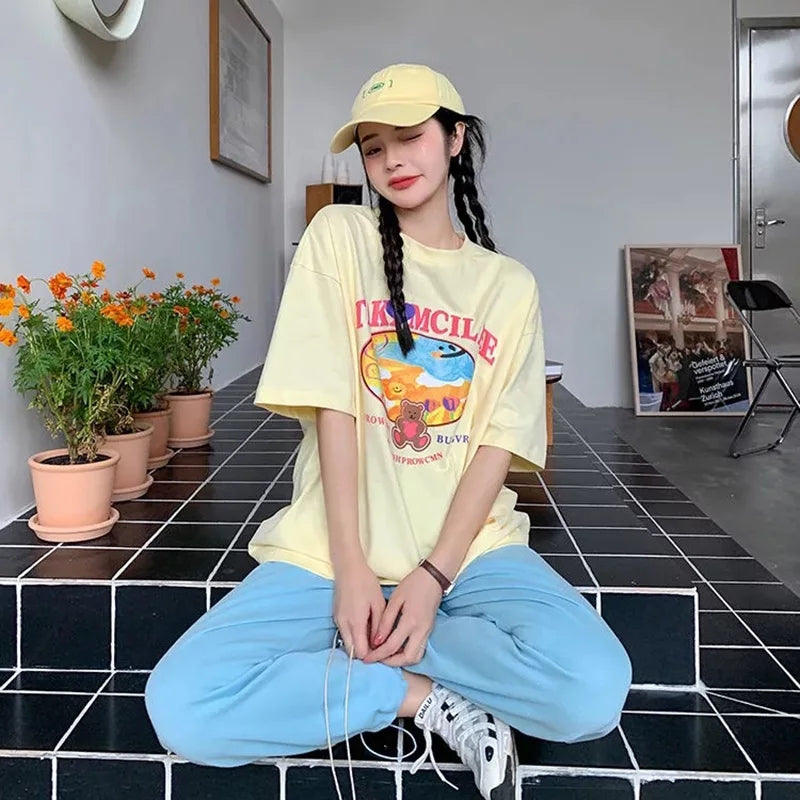 Cute Sweet Graffiti Bear Letter Print Short Sleeve Shirt Top Loose Oversize Aesthetic Casual Summer E-Girl Kawaii Korean Japanese Harajuku