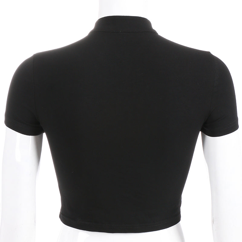 Cute Sexy Casual Black Hallow Out Crop Top Short Sleeve Shirt Tee T-shirt E-Girl Kawaii Korean Japanese Harajuku Chinese Retro Streetwear Aesthetic