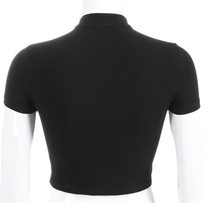 Cute Sexy Casual Black Hallow Out Crop Top Short Sleeve Shirt Tee T-shirt E-Girl Kawaii Korean Japanese Harajuku Chinese Retro Streetwear Aesthetic