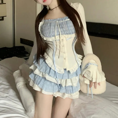 2PCS Blue Japanese Blouse + Vintage Mini Skirt