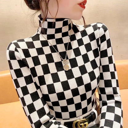 Black & White Checkered Turtleneck Long Sleeve Shirt