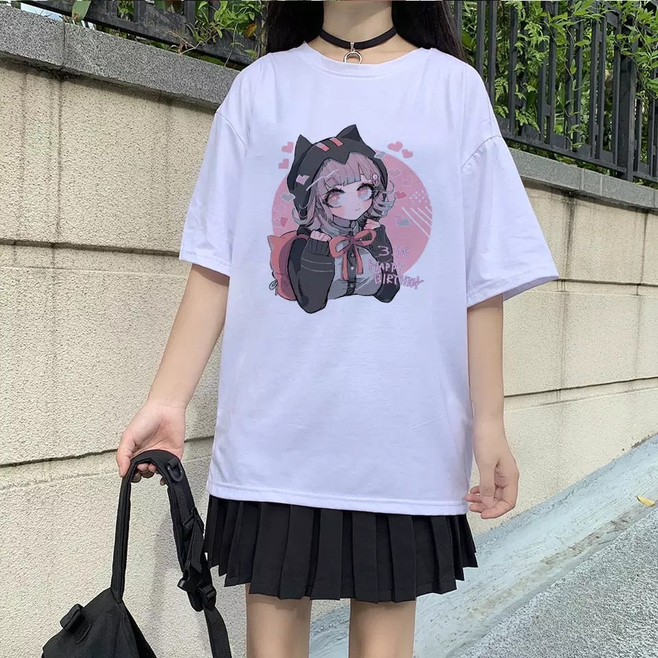 Cute Cat Anime Girl Cartoon Print Oversized Loose Short Sleeve Shirt Tee T-shirt Summer Casual E-Girl Kawaii Korean Japanese Harajuku Streetwear