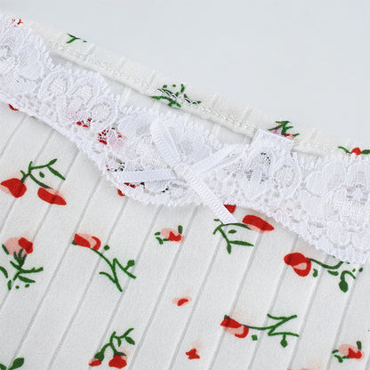 Cute Floral Print Lace Spaghetti Strap Camisole Crop Top Shirt Tee T-shirt E-Girl Kawaii Korean Japanese Harajuku Chinese Retro Streetwear Aesthetic