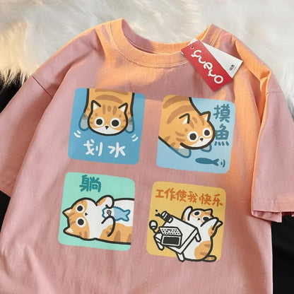 Orange Cat Print Short Sleeve T-shirt