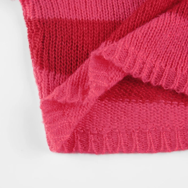 Cute Pink Heart Shape Hollow Out Long Sleeve O-neck Sweater Knit Pullover Aesthetic Casual E-Girl Kawaii Korean Japanese Harajuku