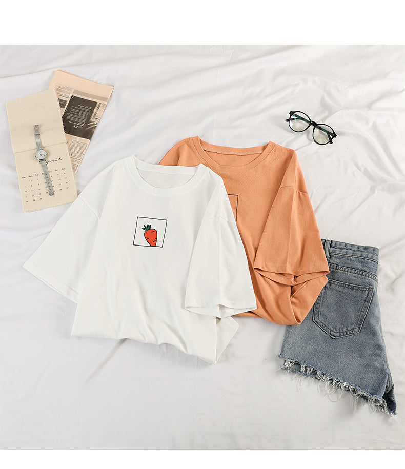 Cute 90s Carrot Print Cartoon vintage Graphic Tee T-shirt Short Sleeve Shirt Top E-Girl Kawaii Korean Japanese Harajuku Retro Streetwear