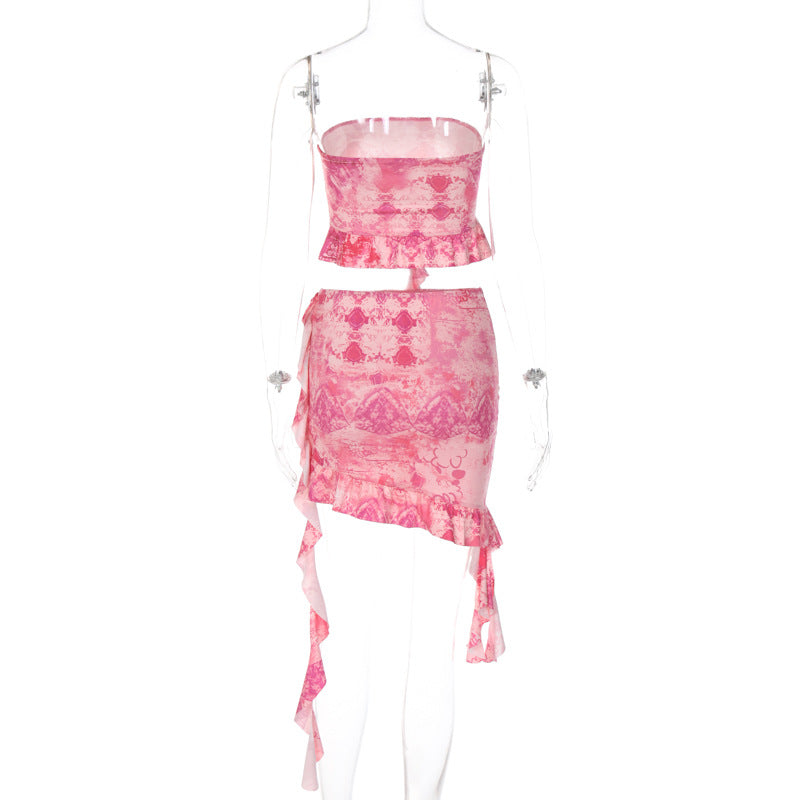 2PCS Pink Irregular Strapless Tube Top + Ruffled Mini Skirt