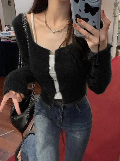 Fluffy Green Buckle Cropped Sweater
