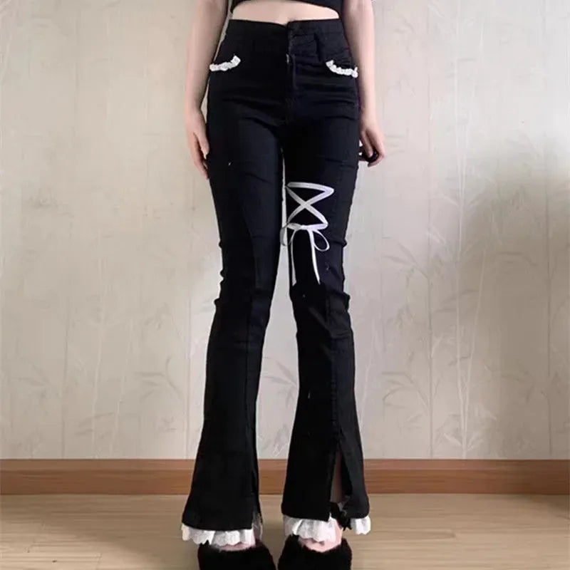 Sweet High Waist Lace Flare Jeans