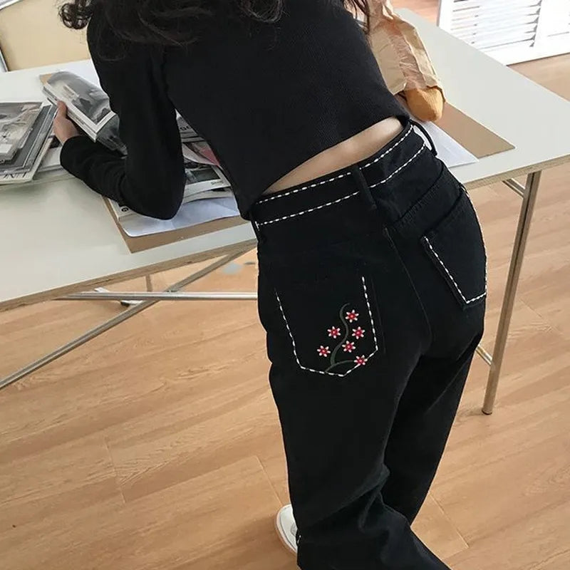 Floral Embroidery Black Cotton Pants