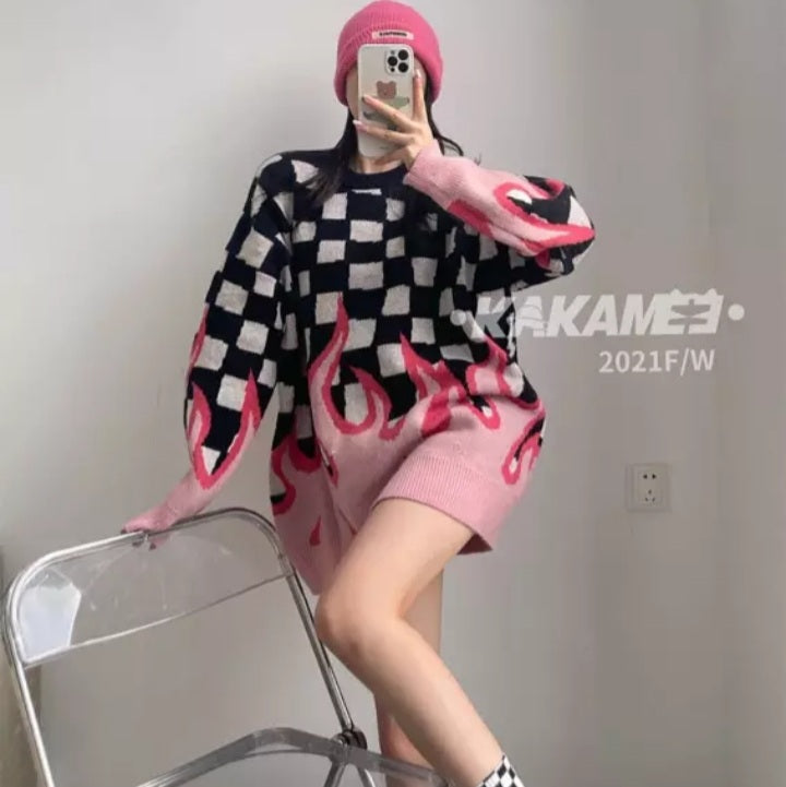 Cute Hot Pink Flames Fire Checkerboard Plaid Oversized Knit Sweater Pullover Aesthetic Casual E-Girl Kawaii Korean Japanese Harajuku