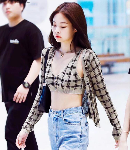 Cute 2 Pcs Gingham Plaid Sweater Knit Button Up Crop Top Shirt Tee T-shirt E-Girl Kawaii Korean Japanese Harajuku Chinese Retro Streetwear Aesthetic