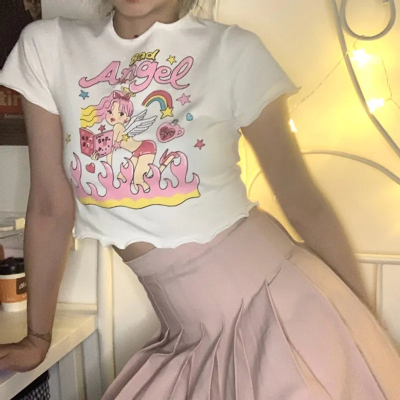 Angel Print Ruffle Short Sleeve T-shirt