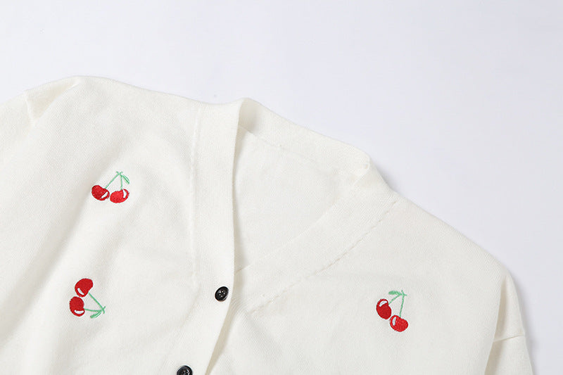 Cute Sweet Cherry Embroidery V Neck Knit Vest Long Sleeve Cardigan Crop Top Sweater Sweatshirt Pullover Jumper E-Girl Kawaii Korean Japanese Harajuku