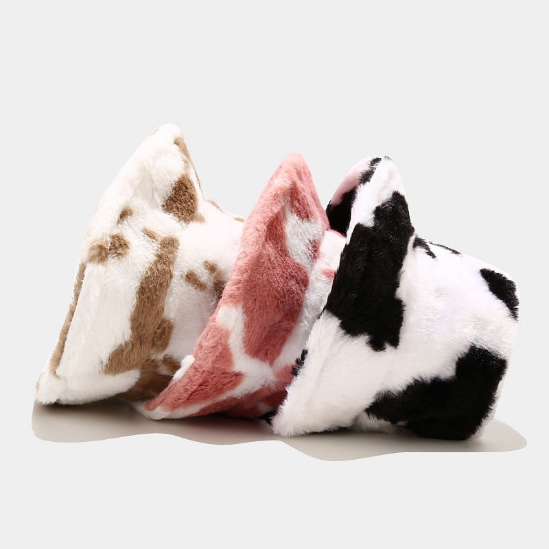 Cow Print Plush Bucket Hat Warm Soft Velvet Fishermen Cap Animal Print Winter Women E-Girl Kawaii Korean Japanese Harajuku Streetwear