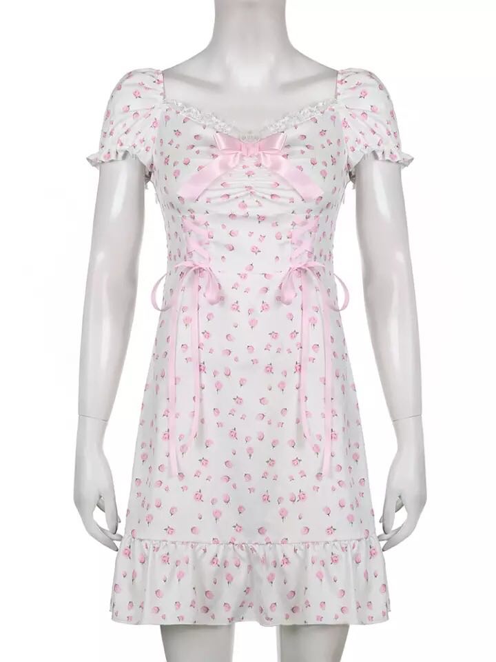 White Floral Puff Short Sleeve Lace Patchwork Mini Dress Summer Aesthetic Casual E-Girl Kawaii Korean Japanese Harajuku