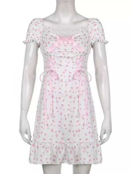 White Floral Puff Short Sleeve Lace Patchwork Mini Dress Summer Aesthetic Casual E-Girl Kawaii Korean Japanese Harajuku
