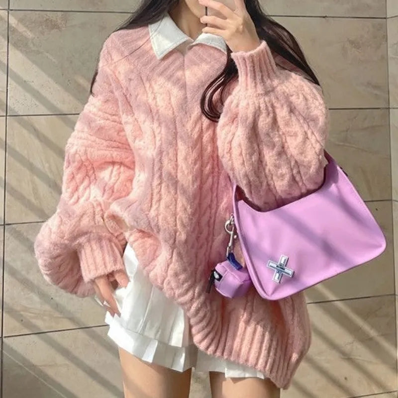 Pink Preppy Cable Knit V Neck Sweater