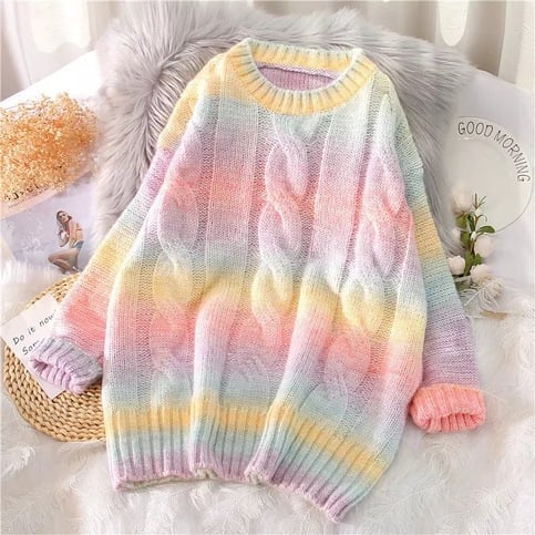 Pastel Rainbow Tie Dye Stripe Loose Oversize Knit Long Sleeve Sweatshirt Sweater Pullover Jumper E-Girl Kawaii Korean Japanese Harajuku Streetwear