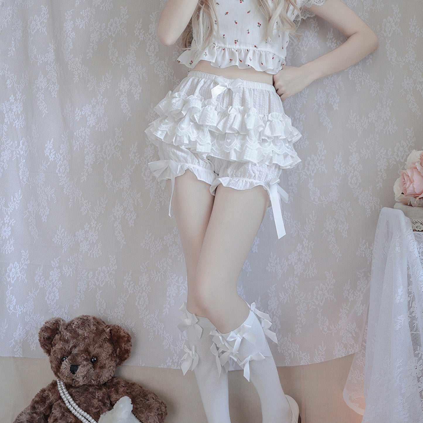 White Frilly Lace Ruffle Bloomer Shorts
