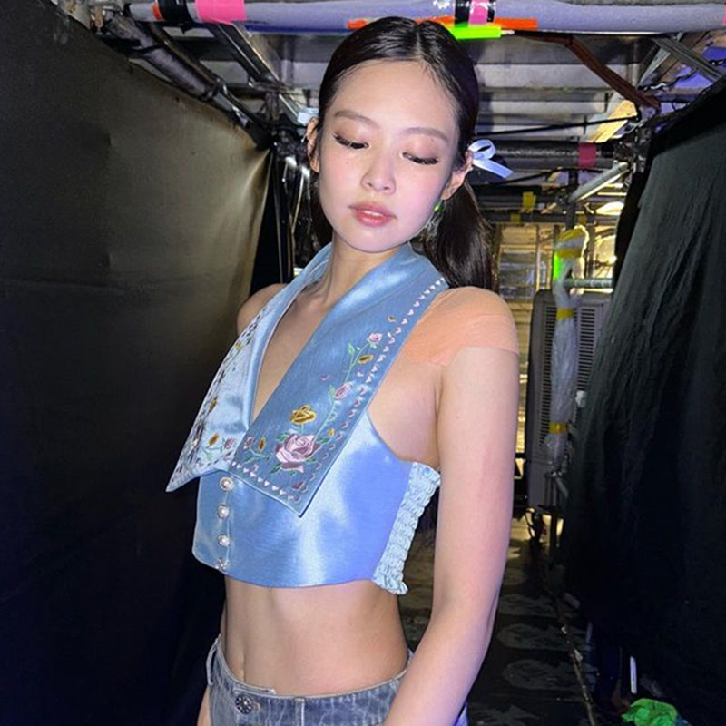 Blue Flower Embroidery Collar Vest Top