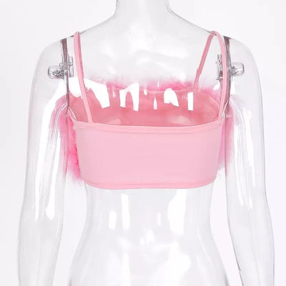 Sexy Pink Feathers Fluffy Fur Crop Top Camisole Tank Sleeveless T-shirt Tee Shirt E-Girl Kawaii Korean Japanese Harajuku Retro Streetwear Fashion