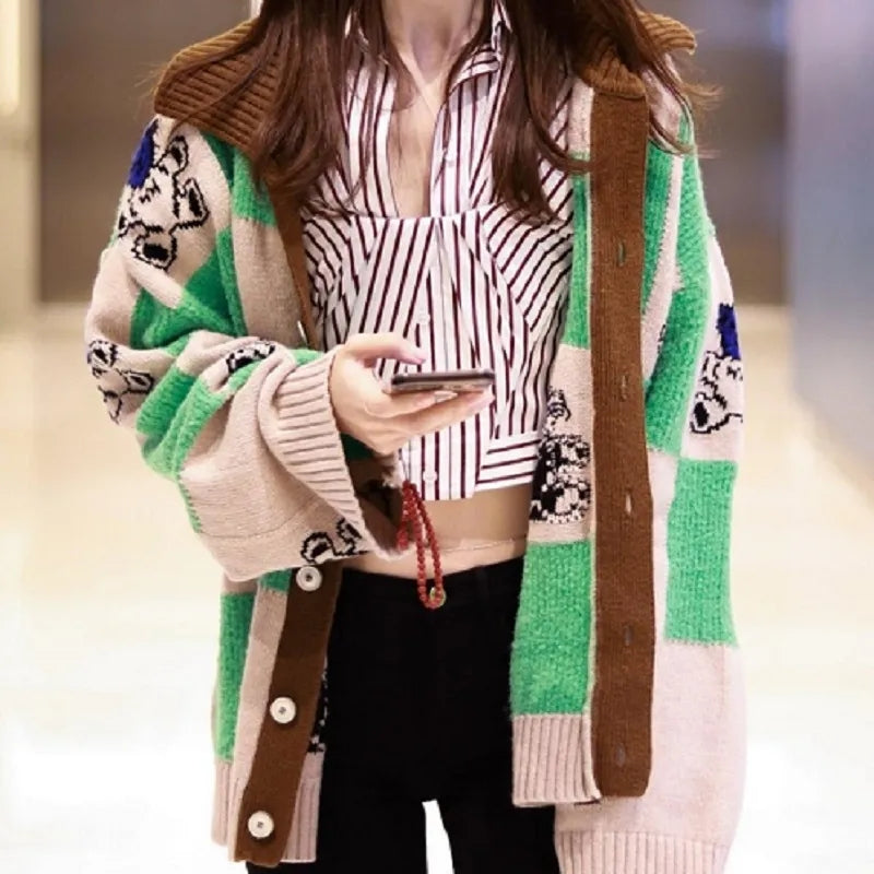 Green & Brown Teddy Bear Patchwork Sweater