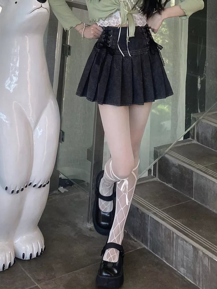 Lace Bandage High Waist Denim Skirt