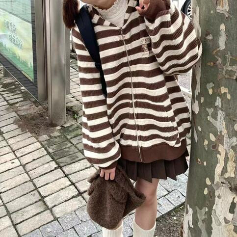 Brown Stripe Zipper Cardigan