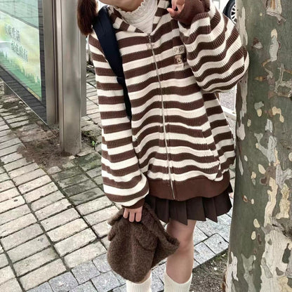 Brown Stripe Zipper Cardigan