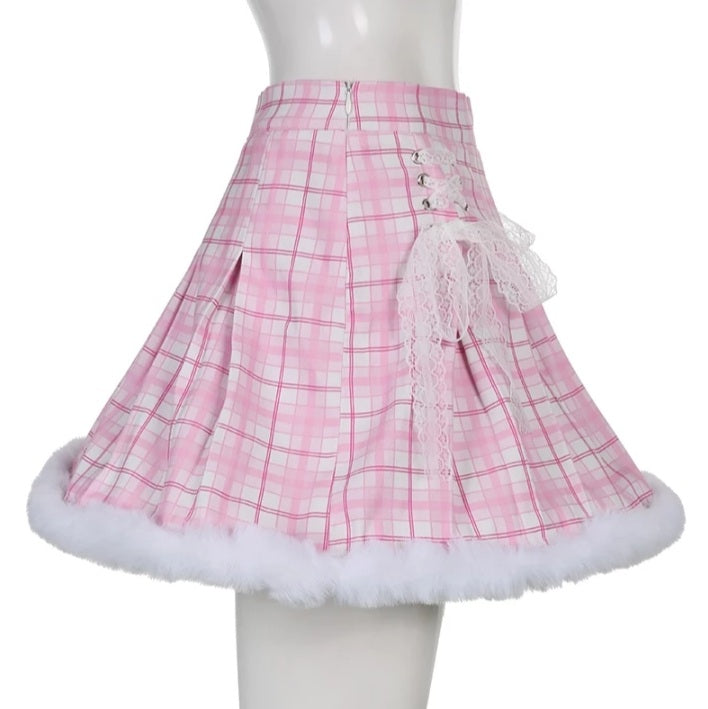 Cute Pink Plaid Feather Lace Up Pleated High Waist A-line Mini Skirt Summer Aesthetic Casual E-Girl Kawaii Korean Japanese Harajuku