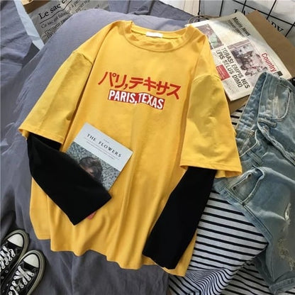 Cute Casual Yellow Vintage Letter Print Graphic T-shirt Long Sleeve Tee Shirt O-neck Pullover E-Girl Kawaii Korean Japanese Harajuku Retro Streetwear