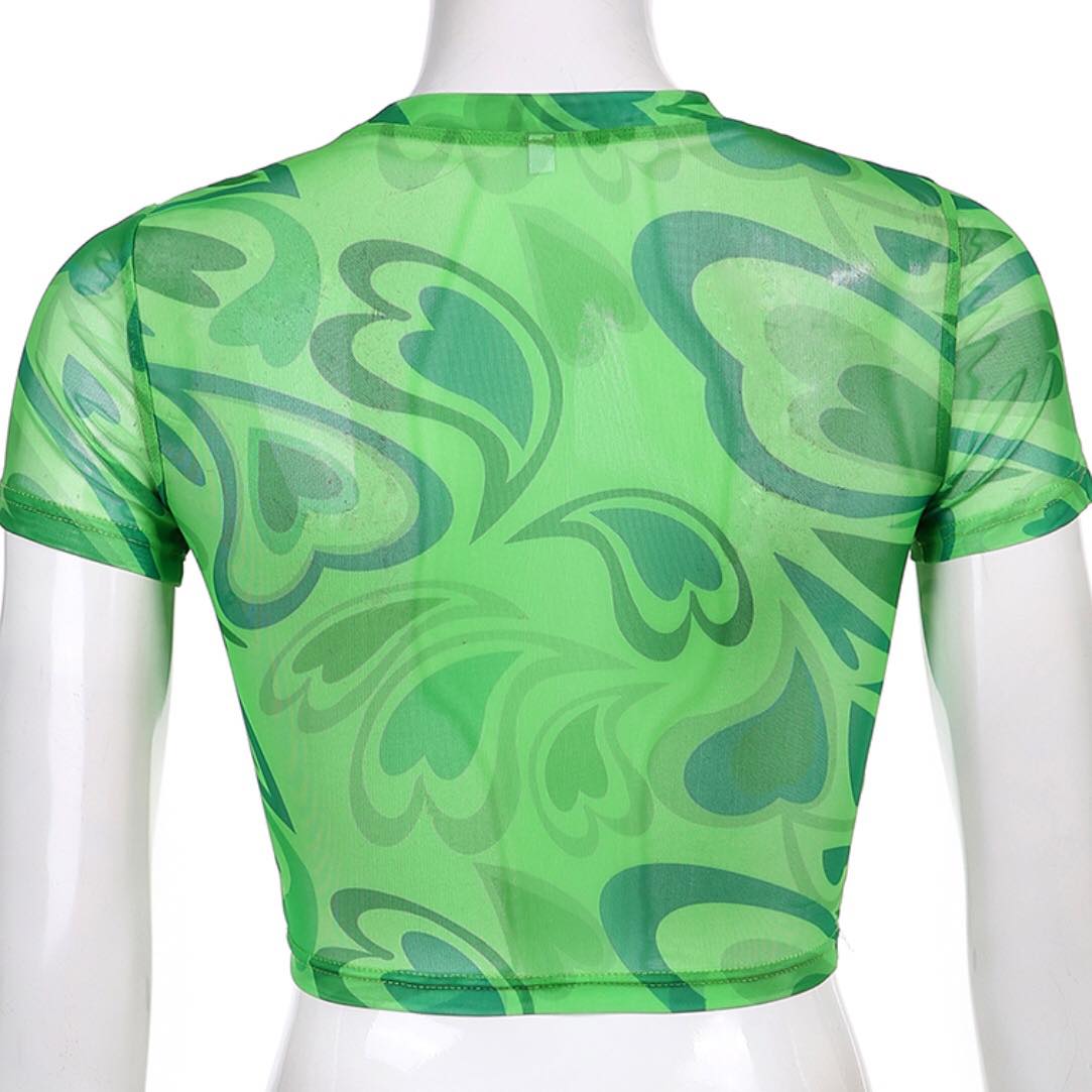 Green Heart Print Transparent Mesh Sheer Crop Top Short Sleeve Shirt Summer Aesthetic Casual E-Girl Kawaii Korean Japanese Harajuku