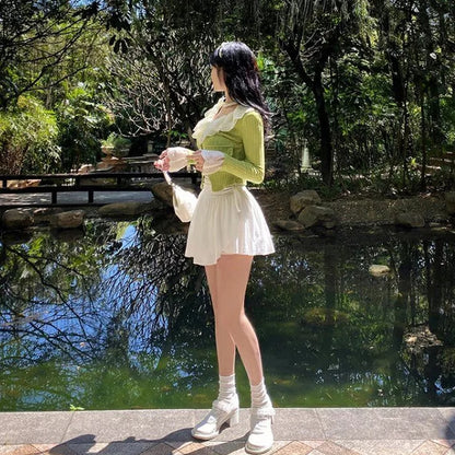 White Ruffle Drawstring High Waist Mini Skirt Fairycore Aesthetic Casual E-Girl Kawaii Korean Japanese Harajuku