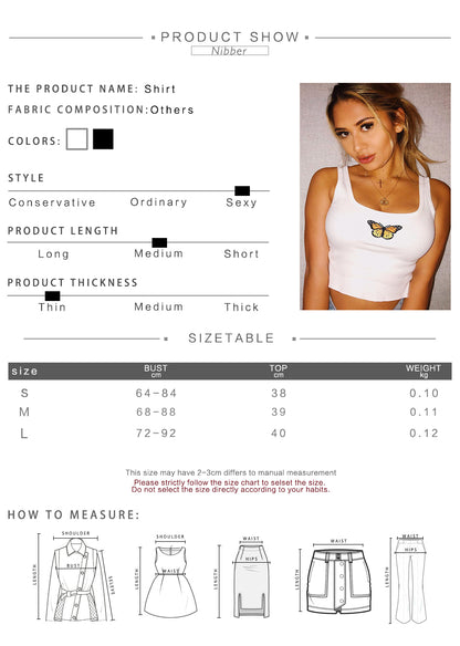 Sexy White Butterfly Embroidery Crop Top Camisole Tank Sleeveless T-shirt Tee Shirt E-Girl Kawaii Korean Japanese Harajuku Retro Streetwear Fashion