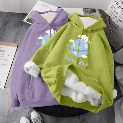 Cute Dog Poodle Earth Cartoon Print Oversized Loose Hoodie Sweater Sweatshirt Pullober Jumper Casual E-Girl Kawaii Korean Japanese Harajuku Streetwear
