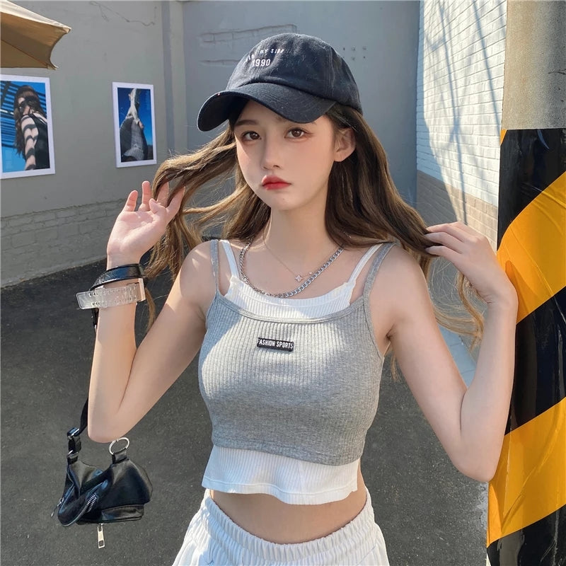 Cute Streetwear Knit Tank Sleeveless Shirt Crop Top Vest Basic Summer Aesthetic Casual E-Girl Kawaii Korean Japanese Harajuku