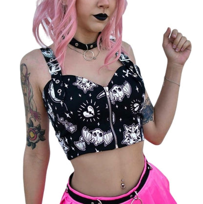Cute Black Goth Skull Bat Goat Print Zipper Front Camisole Crop Top Tank Summer Aesthetic Casual E-Girl Kawaii Korean Japanese Harajuku