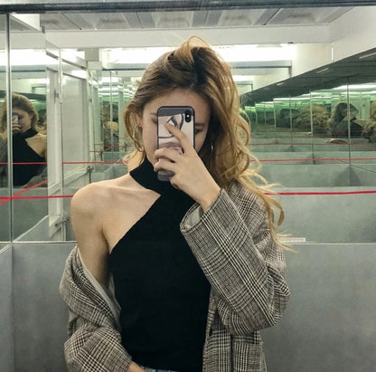 Cute Halter Neck Off Shoulder Crop Top Bodycon T-shirt Tee Shirt Blouse E-Girl Kawaii Korean Japanese Harajuku Retro Streetwear Aesthetic