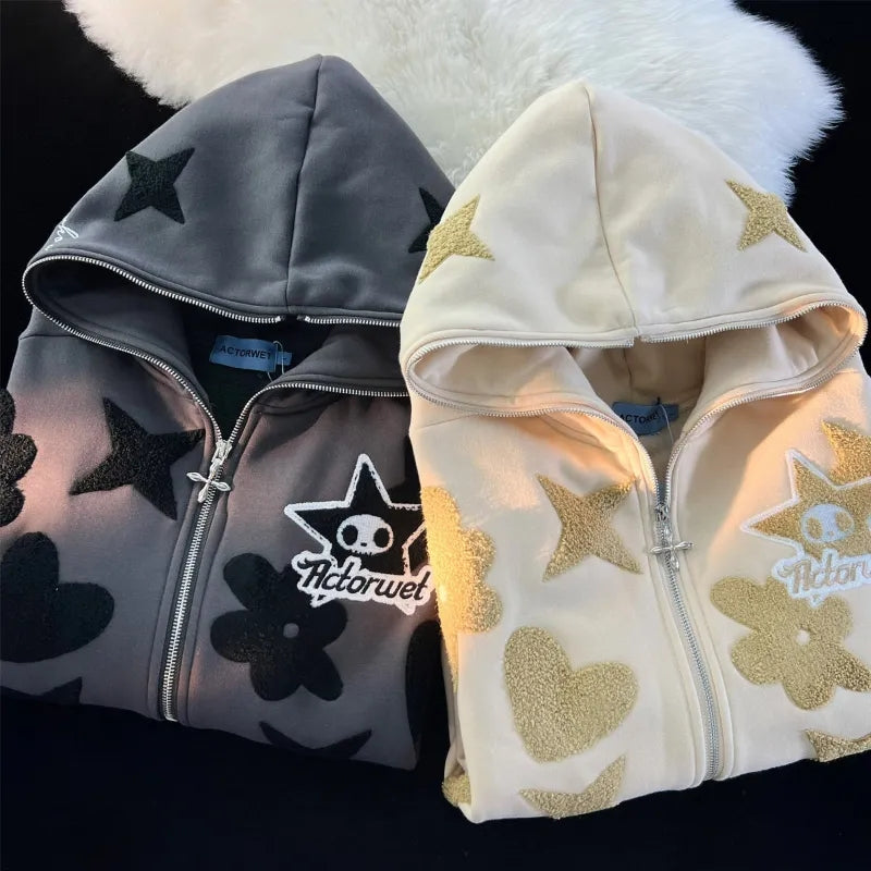 Star Print Zip Up Hoodie