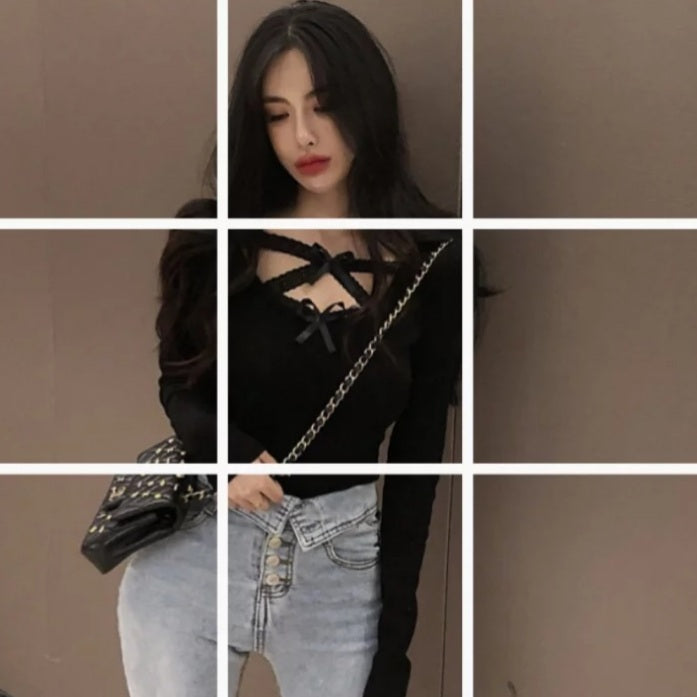 Cute Sexy Lace Cross Ribbon Long Sleeve Shirt Top Aesthetic Casual Summer E-Girl Kawaii Korean Japanese Harajuku