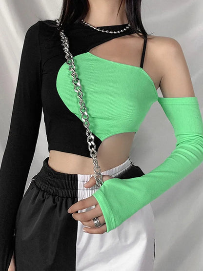 Green & Black Patchwork Hollow Out Long Sleeve Shirt