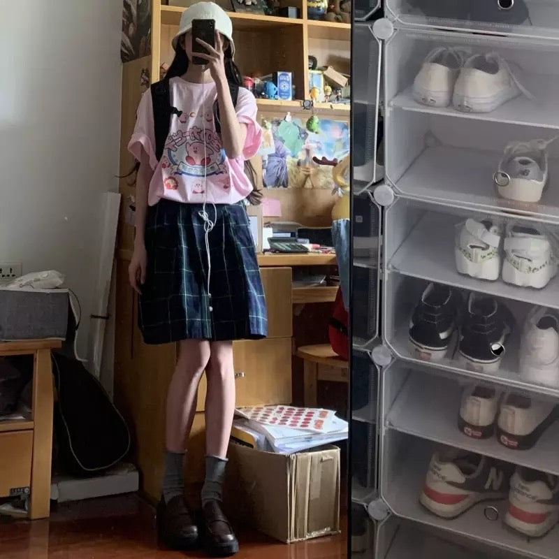 Pastel Pink Japanese Anime Graphic Cartoon Print Loose Short Sleeve T-shirt