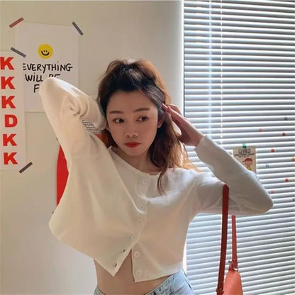 Cute Vintage O Neck Button Down Knit Cardigan Crop Top Sweater Sweatshirt Pullover Jumper E-Girl Kawaii Korean Japanese Harajuku Streetwear