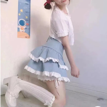 Blue Ruffle Lace Patchwork Mini Skirt