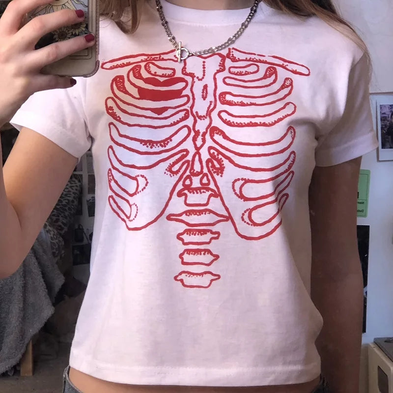 Cute 90s Vintage Skull Bone Ribs Short Sleeve Tee Crop Top Basic Casual Punk Goth Summer E-Girl Kawaii Korean Japanese Harajuku Streetwear