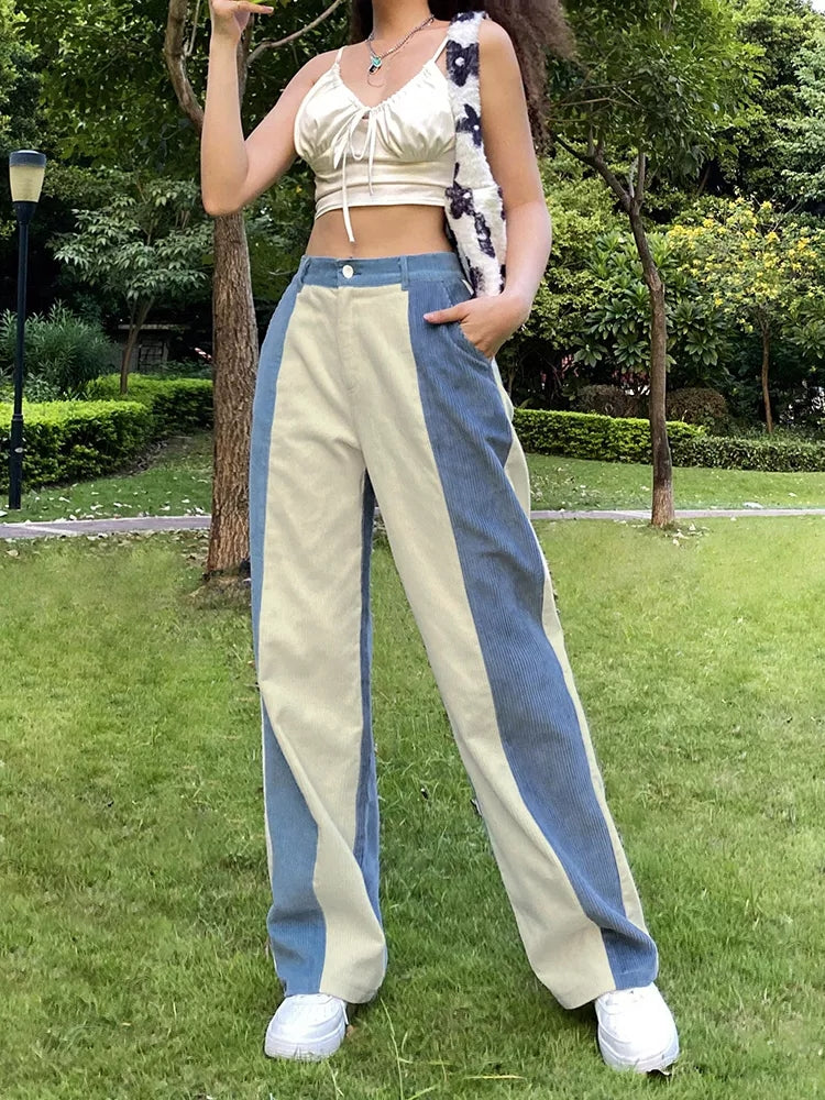 Blue Patchwork Corduroy High Waist Trousers