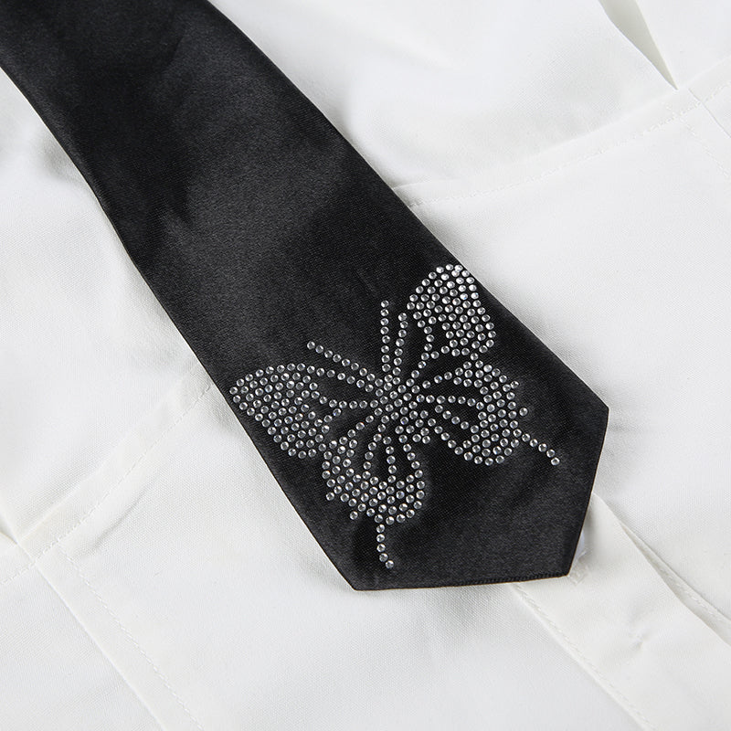 White Butterfly Rhinestone Tie + Long Sleeve Shirt Set