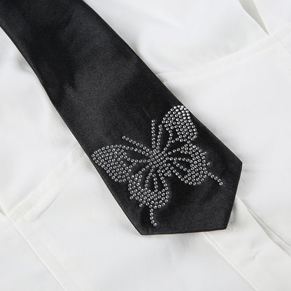 White Butterfly Rhinestone Tie + Long Sleeve Shirt Set